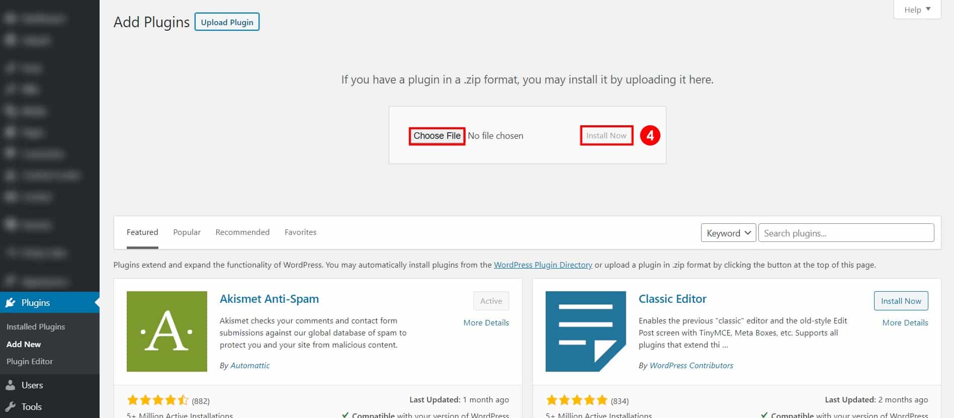 Upload and install wordpress plugin