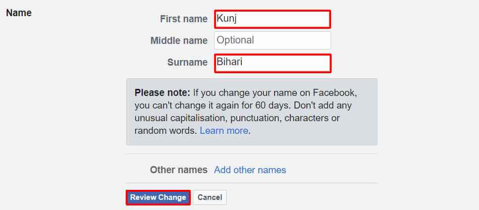 change facebook profile name