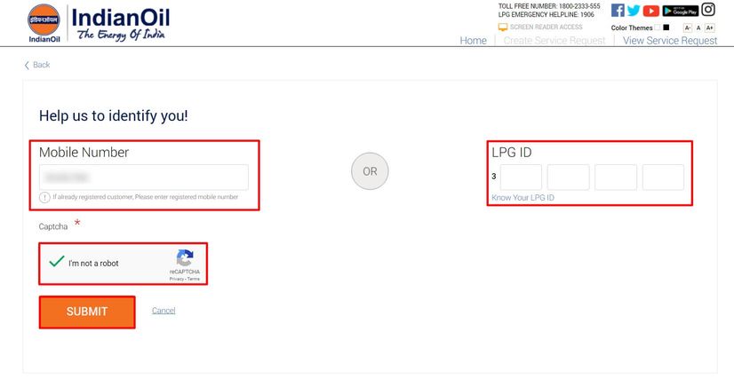 enter lpg id or mobile number