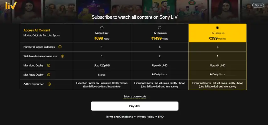 Sony LIV Subscription Plans Price